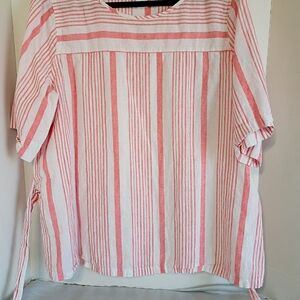 Liz Claiborne Coral and White Striped Linen Cotton Blend Babydoll Blouse